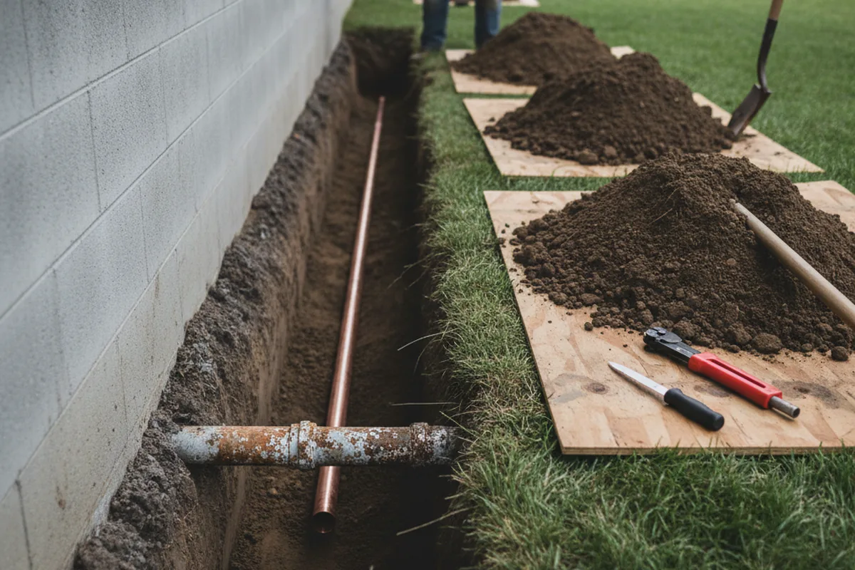 Excavated water line trench during Water Softener Installation in Caseyville